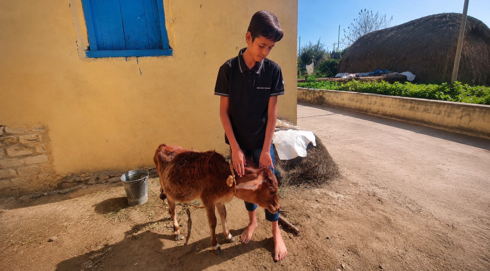 Child caring for calf