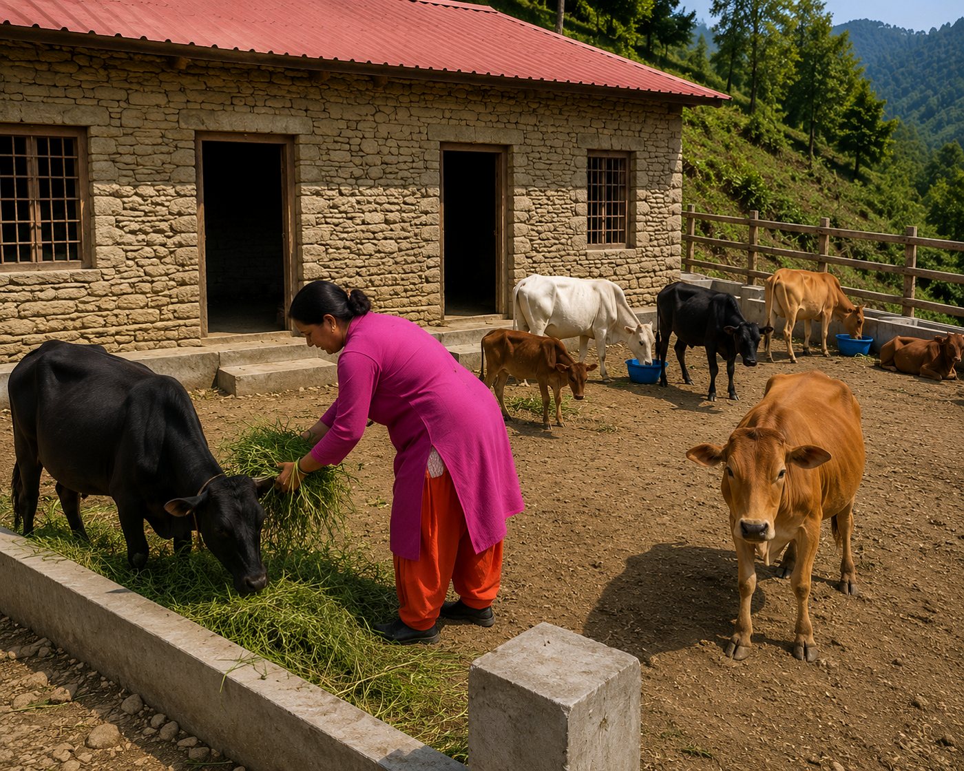 Community member feeding indigenous cows at Om Yugam Foundation cow shelter in rural Uttarakhand