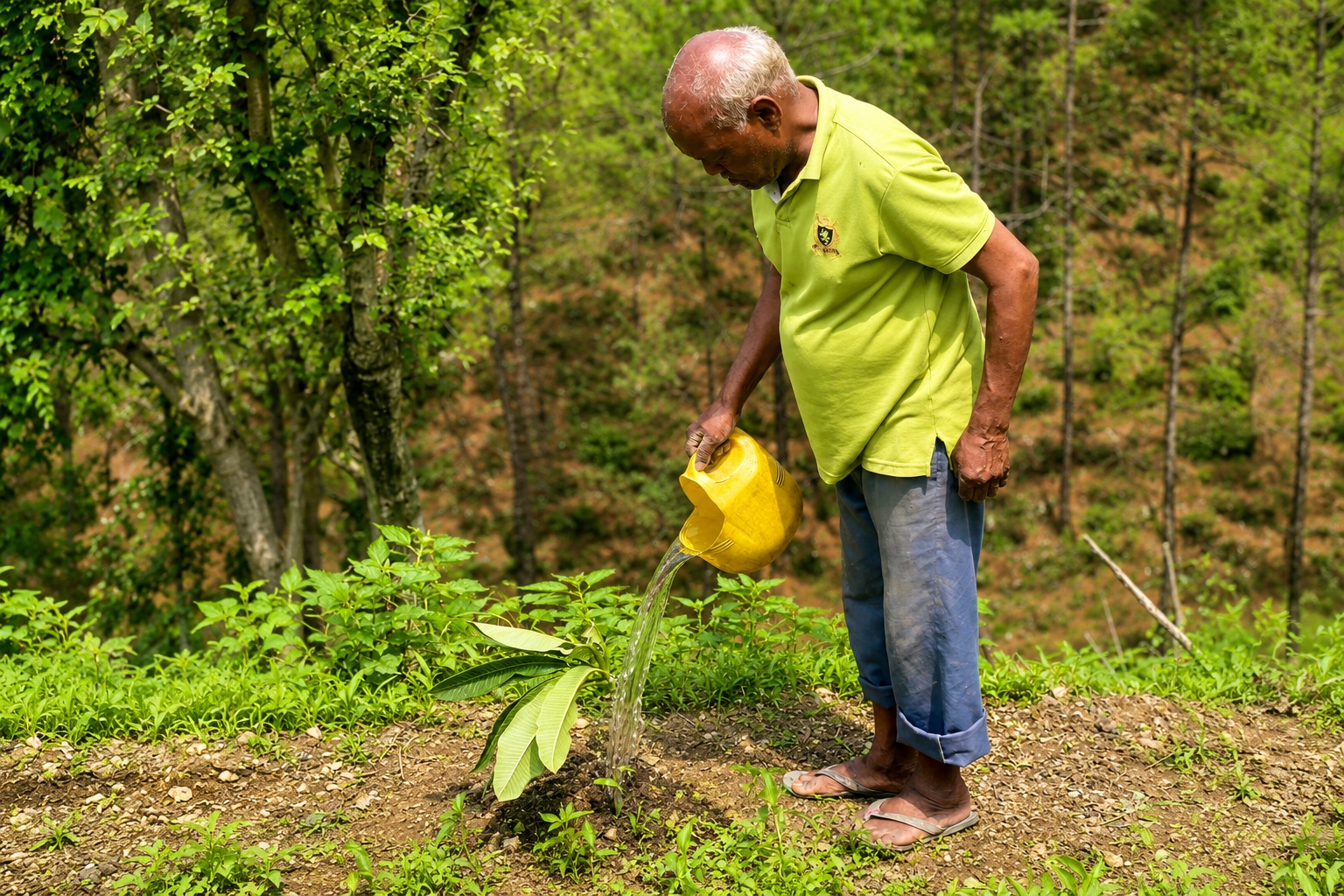Community member watering newly planted tree during plantation initiative