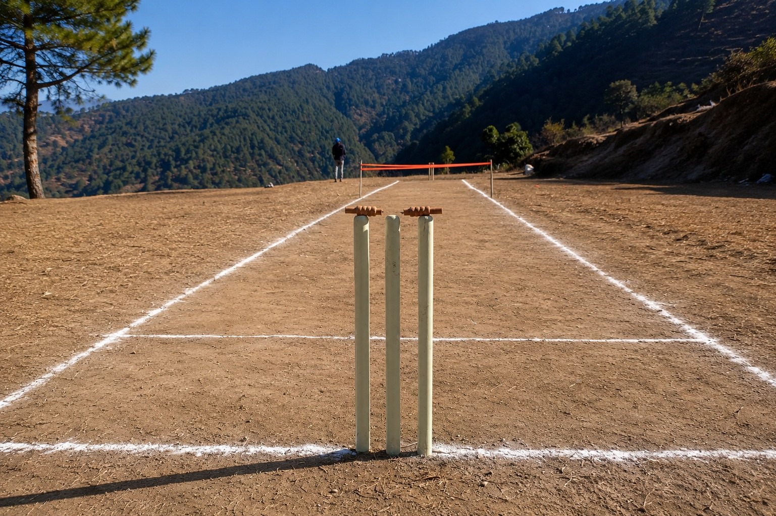 Cricket pitch and stumps at Bamoli village sports ground in Uttarakhand
